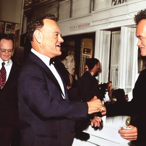 Image similar to tom hanks having a friendly conversation with tom hanks, candid photography