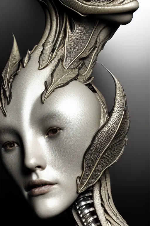 Image similar to bw close - up profile face, black background, beautiful young porcelain vegetal - dragon - cyborg - female, 1 5 0 mm, beautiful natural soft rim light, silver gold details, magnolia leaves and stems, roots, mandelbot fractal, elegant, ultra detailed, white metallic armour, octane render, h. r. giger style