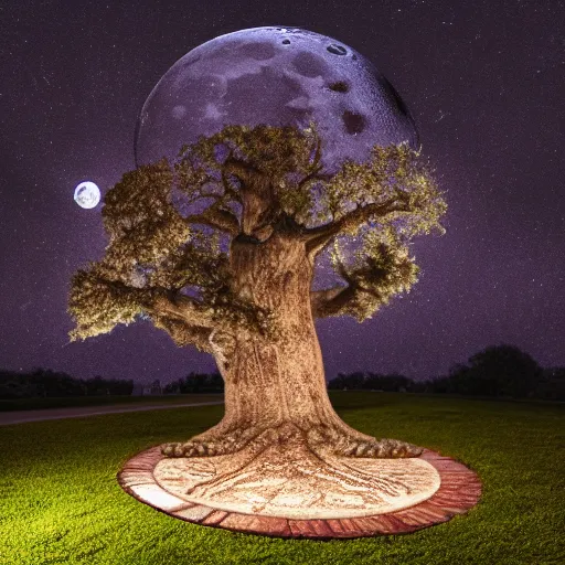 Prompt: a big old oak that has looks an octopus in front of the moon with a clear detailed shadow on the ground. octane render, cinematic photo, amazing light.