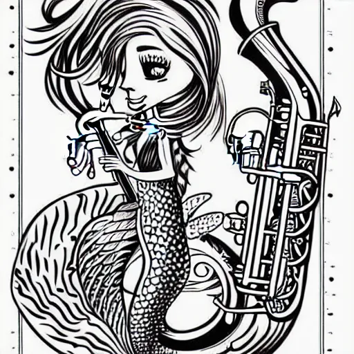Image similar to american traditional tattoo art of a mermaid playing the saxophone, line art, sheet paper