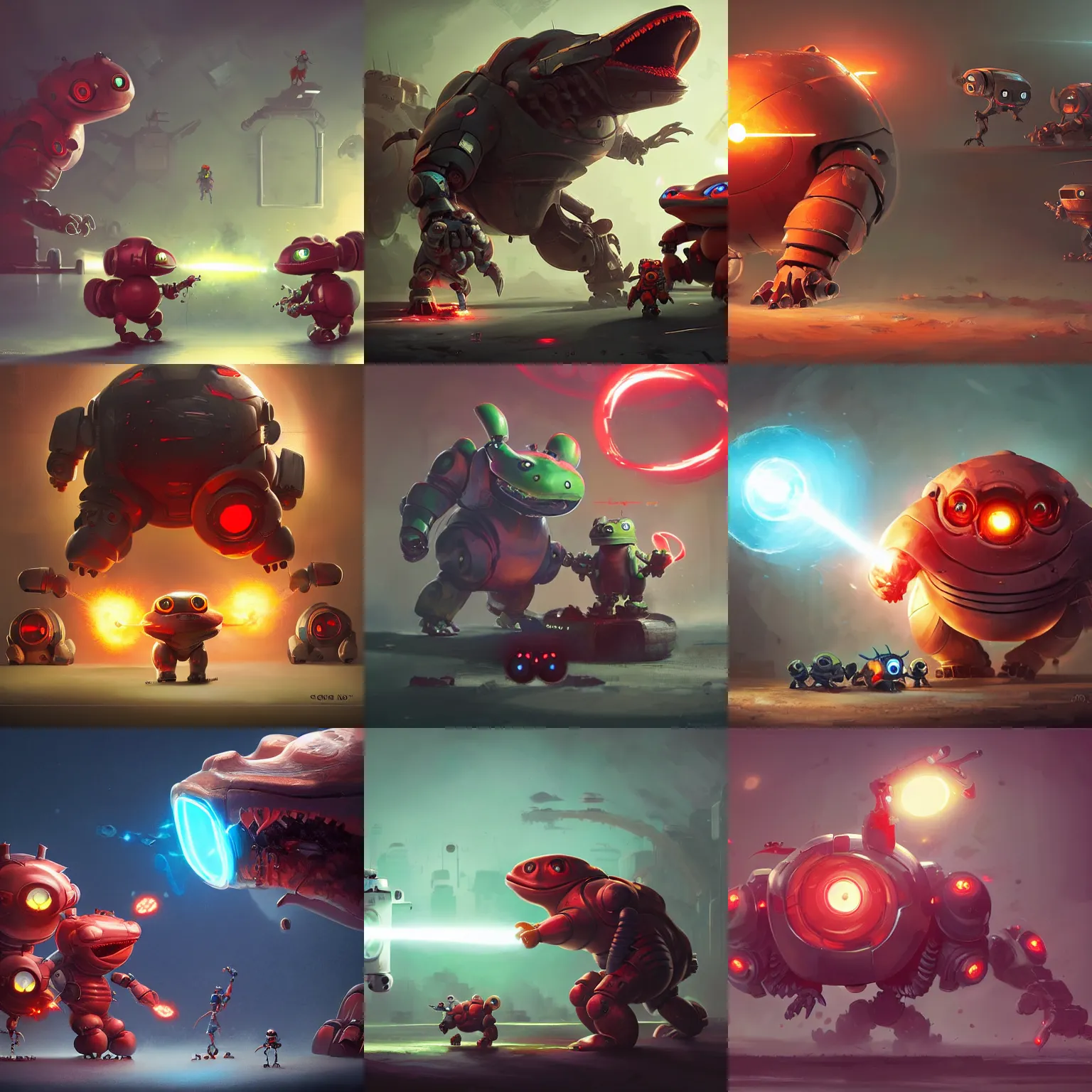 Prompt: sideview of cute chubby dangerous angry 3 years old robots kids in battle pose ruling the world with big glowing laser red eyes and big frog mouth , big complex belly mechanism , studio light, wapor wave retro design trending by greg rutkowski