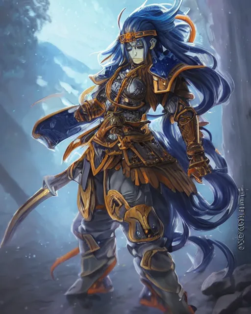 Image similar to An anime portrait of a beautiful D&D half-orc female with long wavy dark blue hair, bright orange eyes, intricate full body armour, fantasy soldier, by Stanley Artgerm Lau, WLOP, Rossdraws, James Jean, Andrei Riabovitchev, Marc Simonetti, and Sakimichan, highly detailed, ultra detailed, golden hour, trending on artstation, cgstudio