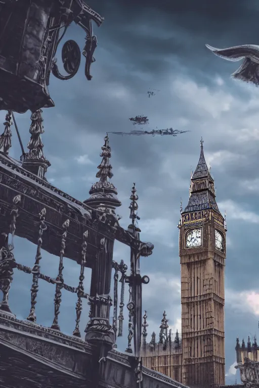 Image similar to photography of a highly detailed ghost pirate ship flying in the sky. big ben, london background. intricate, hyper realism, professional digital art, unreal engine 5, 8 k render, sharp focus, trending on art station.