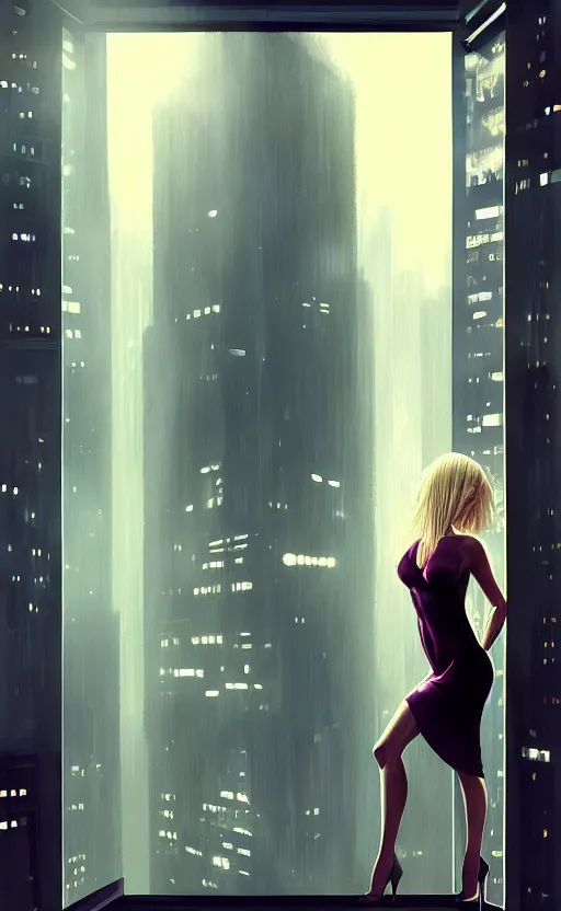 Prompt: epic professional digital art of stunningly gorgeous blonde femme fatale woman wearing a short dress and heels, standing gazing out a large window at a blade runner city at night, by leesha hannigan, iris van herpen, artstation, cgsociety, wlop, epic, much wow, much detail, gorgeous, detailed, masterpiece