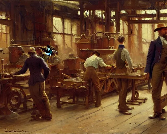 Image similar to attractive men working hard at an 1 9 th century factory. highly detailed painting by gaston bussiere, craig mullins, j. c. leyendecker 4 k