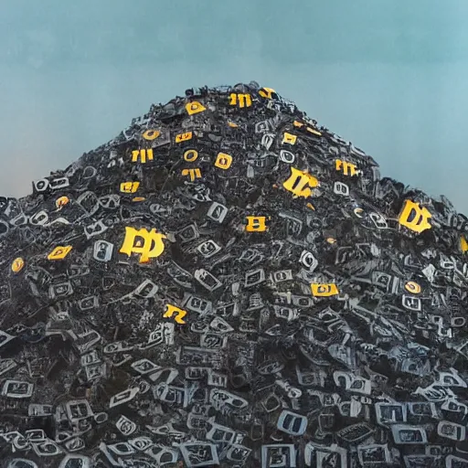 Prompt: a mountain made out of computer screens that display bitcoin logos, cinematic, post - apocalyptic landscape, harsh contrast lighting, in the style of surrealism, made by salvador dali