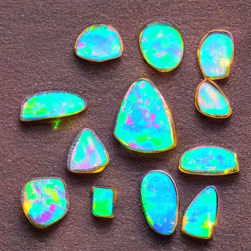 Prompt: collection of opals in sunlight, photography