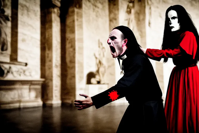 Image similar to dramatic scene of disturbed face of a priest performing an exercism on a girl with long black hair wearing a red dress at the vatican, spooky atmosphere, 3 5 mm, horror movie, hyper detailed, 8 k
