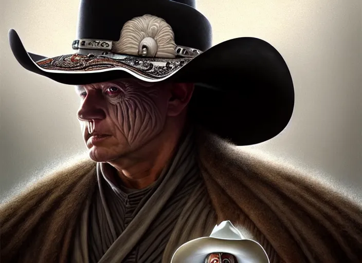 Image similar to portrait shot of white darth vader dressed like a texas sheriff wearing a cowboy hat, intricate, elegant, highly detailed, centered, digital painting, artstation, concept art, smooth, sharp focus, illustration, artgerm, tomasz alen kopera, peter mohrbacher, donato giancola, joseph christian leyendecker, wlop, boris vallejo