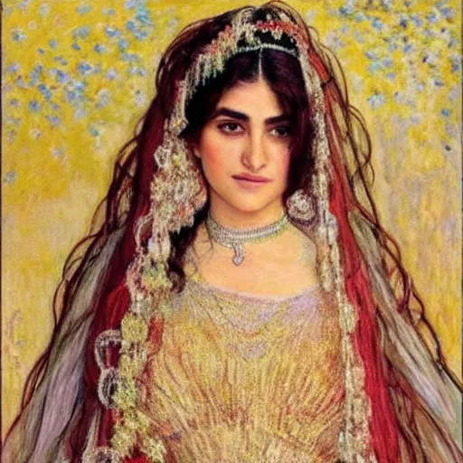 Image similar to full body portrait of a beautiful Kurdish bride wearing a beautiful wedding dress, very detailed eyes, hyperrealistic, beautiful and symmetrical face, very detailed painting by Claude Monet and Alphonse Mucha, ornate, trending on artstation, extremely high detail, incredibly intricate