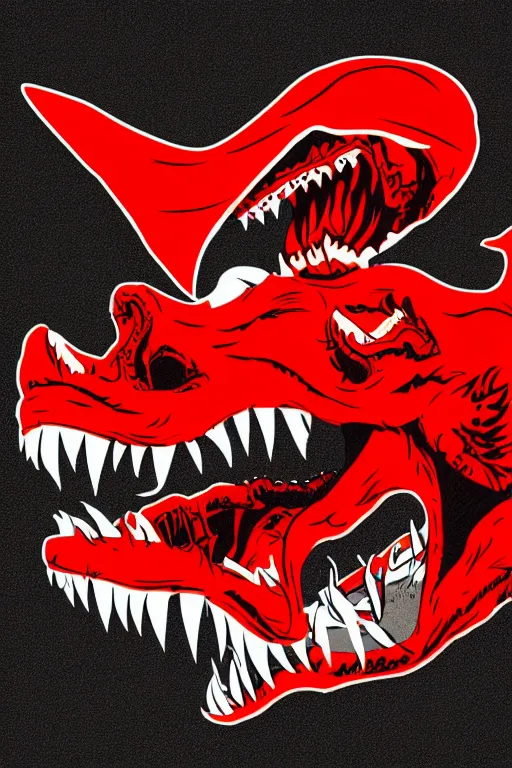 Image similar to Evil t-rex, the devil, sticker, blood thirsty, spawn of Satan, burning in hell, blood, evil, colorful, illustration, highly detailed, simple, smooth and clean vector curves, no jagged lines, vector art, smooth