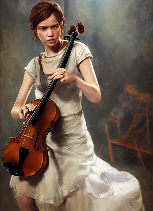 Prompt: ellie from the last of us in a white dress playing the violin on stage. by Daniel F. Gerhartz, hyperrealistic oil painting, 4k, very detailed faces, studio lightning