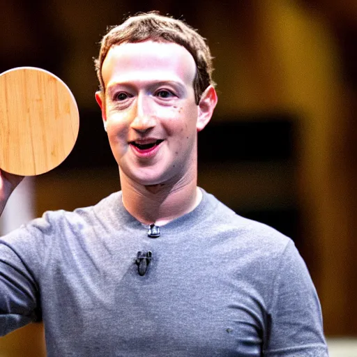 Prompt: mark zuckerberg holding a circular, wooden coaster up to the camera