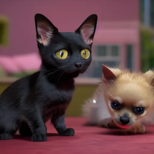 Prompt: an adorable blond long haired chihuahua playing with a cute black cat : : in the style of pixar : : octane render, unreal engine 5, cinematic lighting, cinematic depth of field