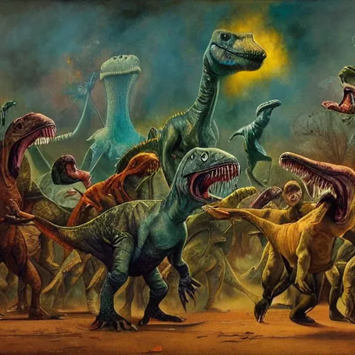 Image similar to A group of dinosaurs dancing in a rave party, by Esao Andrews and Karol Bak and Zdzislaw Beksinski