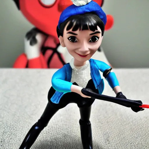 Image similar to audrey hepburn cos play, professional dog walker, stop motion vinyl action figure, plastic, toy, butcher billy style