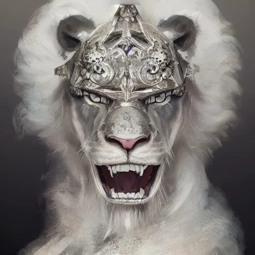 Image similar to a beautfiul award winning commission portrait of an anthro albino lion wearing diamond victorian armour,digital art,art by greg rutkowski,character design by charles bowater,photorealistic,ross tran,hyperdetailed,detailed face,fascinating,2021,western comic style