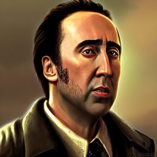 Image similar to Portrait of a Nic Cage in GTA V , art by Albert Bierstadt and James Gurney, highly detailed, digital painting, matte painting, concept art, illustration, oppressive lighting, trending on artstation, very detailed