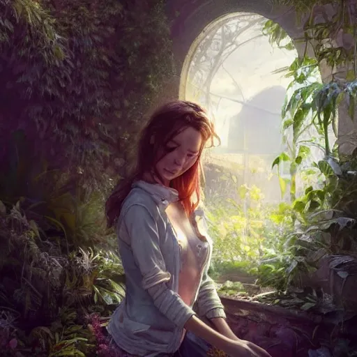 Image similar to a beautiful girl is taking care of the garden in a beautiful and varied vegetation dream garden with quality pruning shears, artstation greg rutkowski, cinematic, hyperrealist, beautiful face and features, the most beautiful girl digital art, light essential calm quality wlop projection render