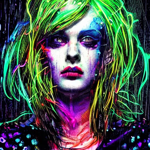 Image similar to splashes of neon, punk portrait made out of paint with rain in the background, trending on artstation, epic composition, emotional, beautiful, rendered in octane, highly detailed, realistic, tim burton comic book art, sharp focus, detailed eyes