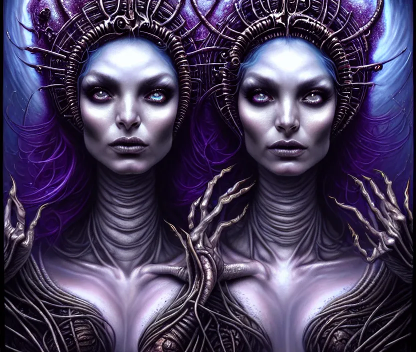 Image similar to A beautiful detailed alien goddess woman with 6 arms super dark tarot card, gorgeous model face by Stanley Artgerm, by tomasz alen kopera and Justin Gerard, 4 eyes, beautiful symmetrical features, ominous, magical realism, melting, texture, intricate, ornate, royally decorated, melting, whirling smoke, embers, purple adornments, blue torn fabric, radiant colors, fantasy, trending on artstation, volumetric lighting, micro details, 3d sculpture, ray tracing, 8k, anaglyph effect