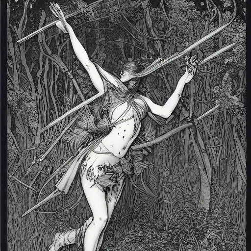 Prompt: An illustration, of a Girl warrior in a dark forest chassing by geants vegetables. By James Jean, By Gustave Doré. Trending on artstation