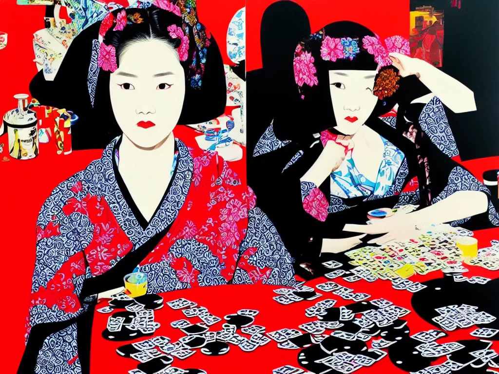 Image similar to hyperrealism composition of the detailed woman in a japanese kimono sitting at an extremely detailed poker table with darth vader, fireworks and folding screen on the background, pop - art style, jacky tsai style, andy warhol style, acrylic on canvas
