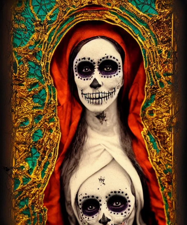 Image similar to tintype virgin mary in dia de muertos dress and make up, horrific beautiful vibe, evocative, atmospheric lighting, painted, intricate, highly detailed,