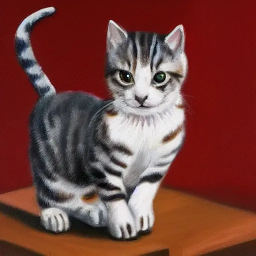 Image similar to highly realistic painting of a little cat alone on a big stage in grand theatre
