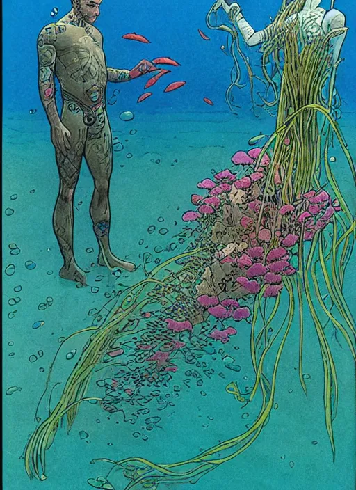 Prompt: one vesture underwater together with some flowers, by moebius