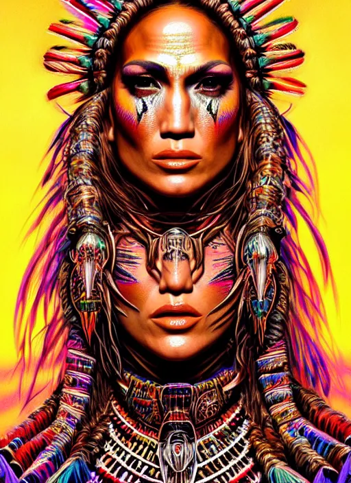 Image similar to portrait of jennifer lopez, hyper detailed ultra sharp aztec shaman warrior. trending on artstation, warpaint aesthetic, bloodwave, colorful, psychedelic, ornate, intricate, digital painting, concept art, smooth, sharp focus, illustration, art by artgerm and greg rutkowski and h. r. giger, 8 k