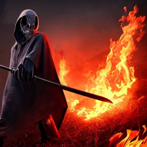 Image similar to a black hooded faceless monster in hells graveyard, holding a scythe, reaper, amazing fire art, ray tracing, realistic fire sharp focus, long shot, 8 k resolution, cinematic