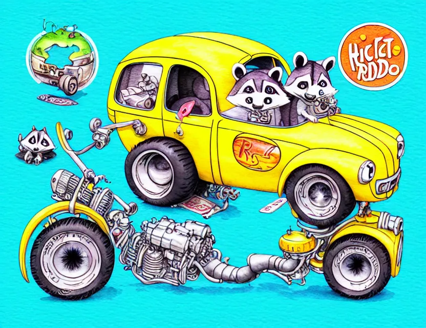 Image similar to cute and funny, racoon riding in a tiny hot rod with oversized engine, stickshift, ratfink style by ed roth, centered award winning watercolor pen illustration, isometric illustration by chihiro iwasaki, edited by range murata, tiny details by artgerm and watercolor girl, symmetrically isometrically centered