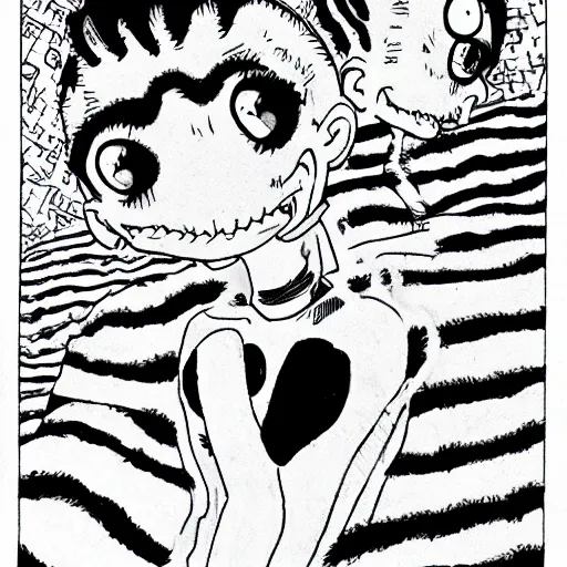 Prompt: Rugrats by Junji Ito, black and white, creepy