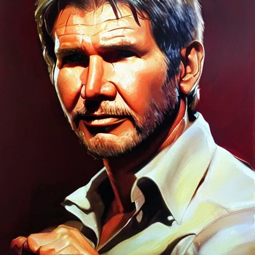 Image similar to ultra realistic portrait painting of harrison ford, art by frank frazetta, 4 k, ultra realistic, highly detailed, epic lighting