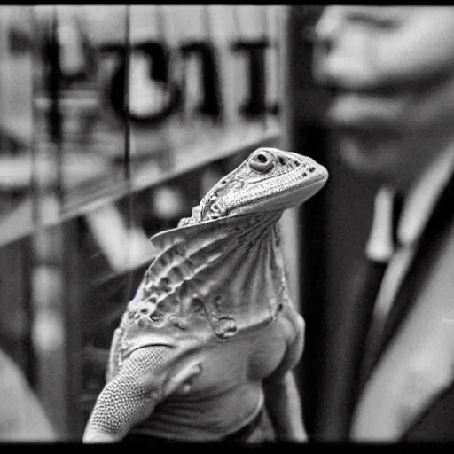 Prompt: conehead lizard businessmen burning money for fun, 35mm grainy film photography