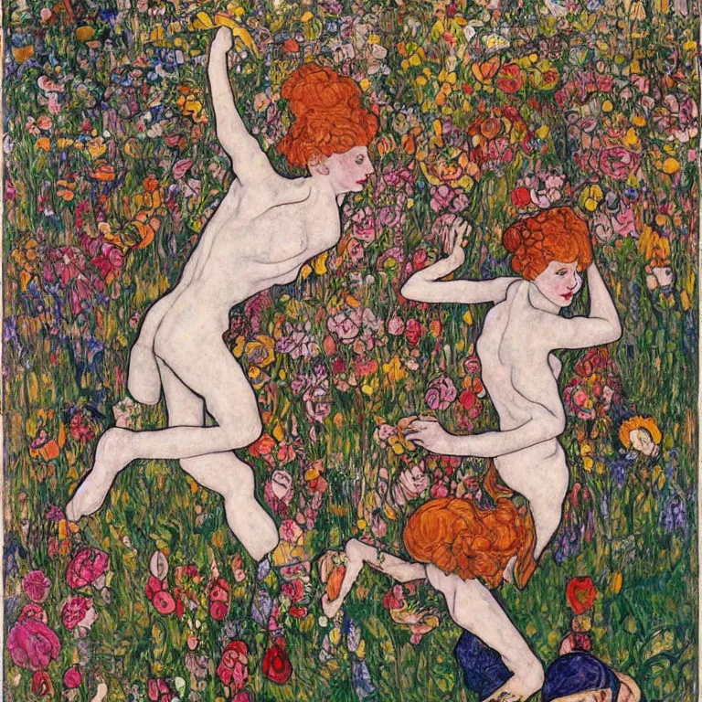 Prompt: a ginger lady with a pixie cut and covered in tattoos dancing by the riverside in a garden full of huge flowers by tivadar csontvary kosztka and egon schiele