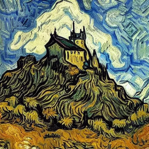 Prompt: dark castle on a mountain painted by van gogh and goya