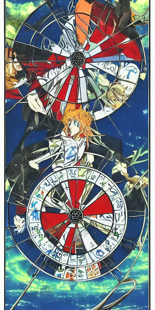 Image similar to Wheel of Fortune tarot card by a famous anime artist. clean, sharp lines,