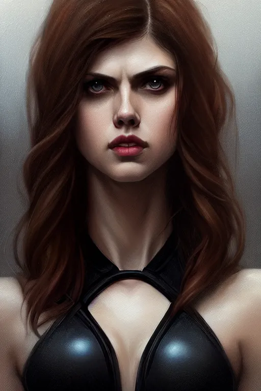 Image similar to alexandra daddario as black widow, realistic portrait, symmetrical, highly detailed, digital painting, artstation, concept art, smooth, sharp focus, illustration, cinematic lighting, art by artgerm and greg rutkowski and alphonse mucha