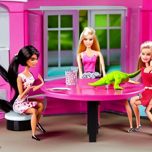 Image similar to barbie eating dinosaurs