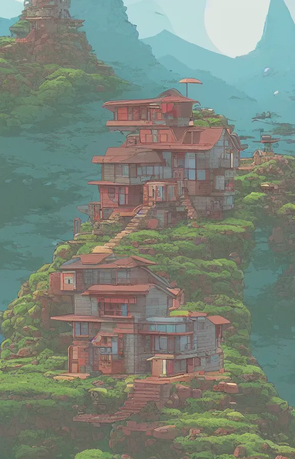 Image similar to house on a mountain, sharp focus, james gilleard, akira toriyama, moebius, print, game art