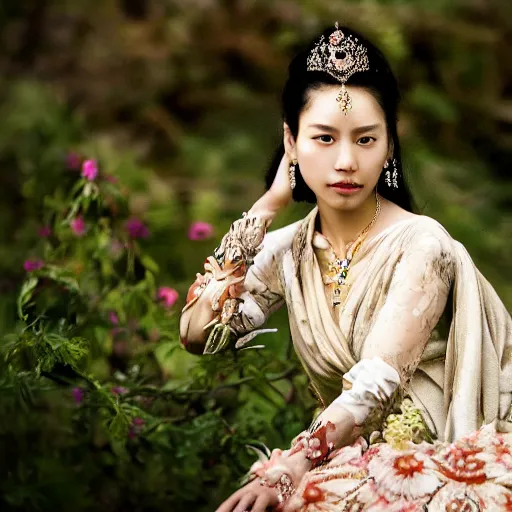 Image similar to photography of the asian queen sitting in the flower thorn, beautiful face, masterpiece costume, jewellery, high quality, elegant, emotionally touching, cool, deep gaze, mystery, tenderness rehahn style