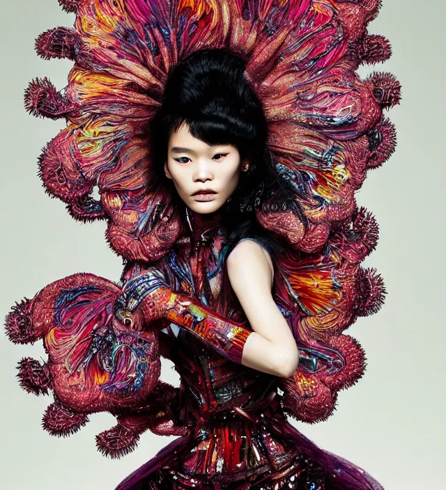 Image similar to photography american portrait of stunning model ming xi. great hair style, half in shadow, natural pose, natural lighing, rim lighting, wearing an ornate stunning sophisticated outfit created by iris van herpen, with a colorfull makeup by benjamin puckey, highly detailed, skin grain detail, photography by paolo roversi