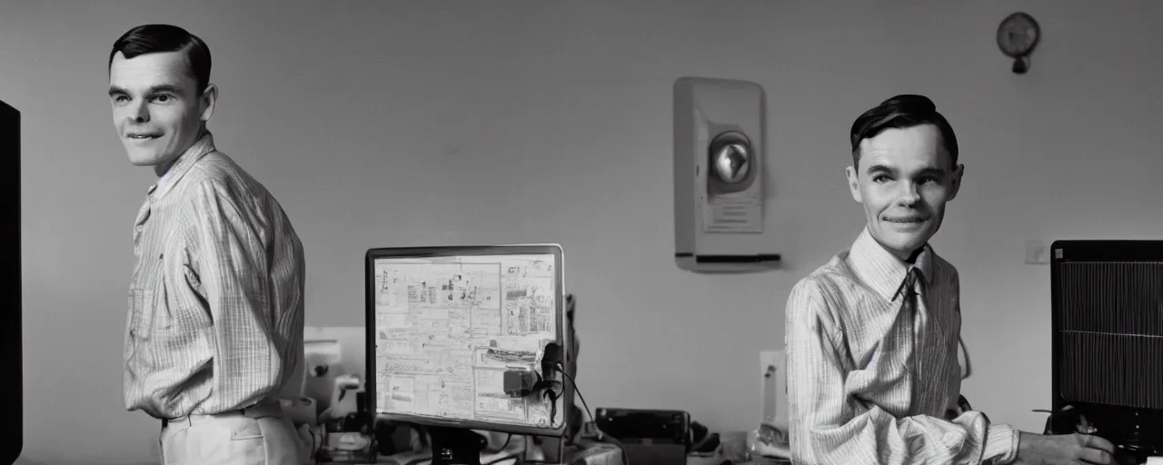 Image similar to alan turing proudly standing in front of his computer made out of spaghetti, canon 5 0 mm, cinematic lighting, photography, retro, film, kodachrome