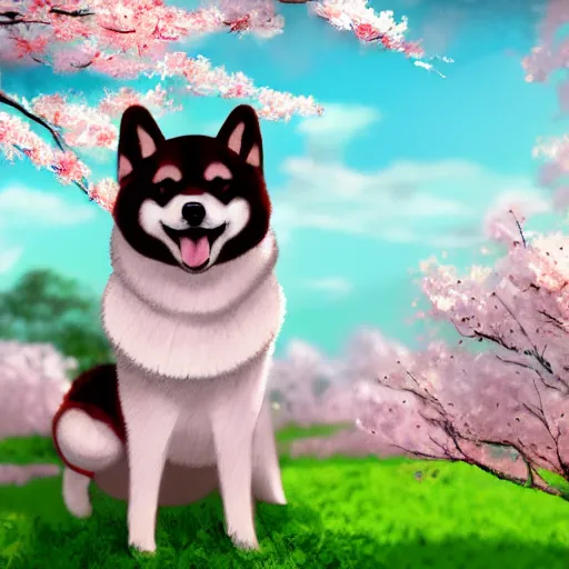 Image similar to a cute fluffy shiba inu plays under the cherry blossom tree, highly detailed, digital painting, artstation, concept art, movie still, smooth, sharp focus uhd 8 k