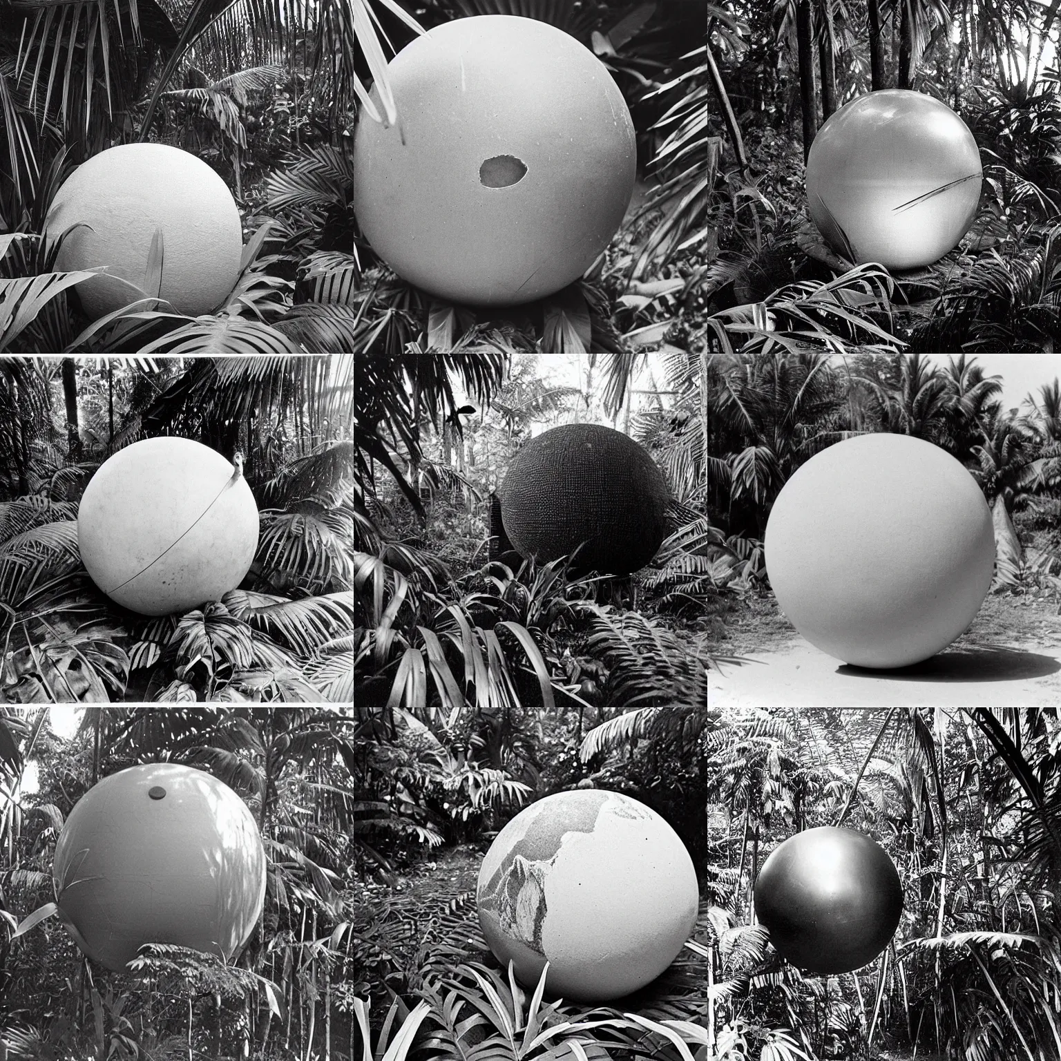 Prompt: a rizom lost film footage of a sphere in the middle of the tropical jungle / ethnographic object / object ( ( ( ( ( ( ( ( ( ( ( ( ( ( ( ( ( abstractmodernism ) ) ) ) ) ) ) ) ) ) ) ) ) ) / film still / cinematic / enhanced / 1 9 2 0 s / black and white / grain