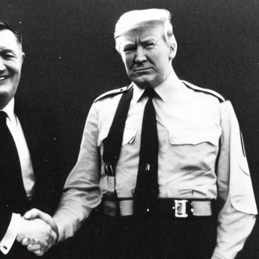 Prompt: world War 2 portrait of a very happy Donald Trump standing next to Adolf Hitler, black and white photography, shot by Annie Leibovitz, 4k, 8k, highly detailed