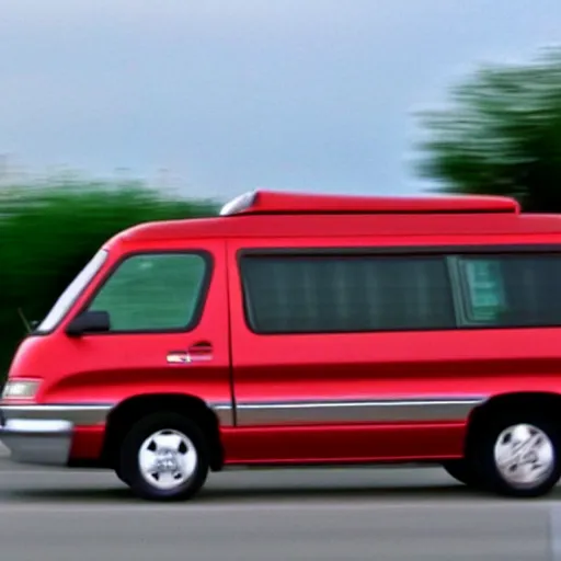 Prompt: A photograph of a 2001 Chevrolet Caravan driving on highway 411 in Perth, Ontario, photograph taken in 2009 on a nokia flip phone