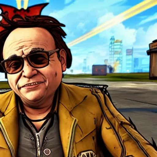 Image similar to a screenshot of danny devito in the video game borderlands 2. 3 d rendering, unreal engine. amazing likeness. very detailed. cartoon caricature